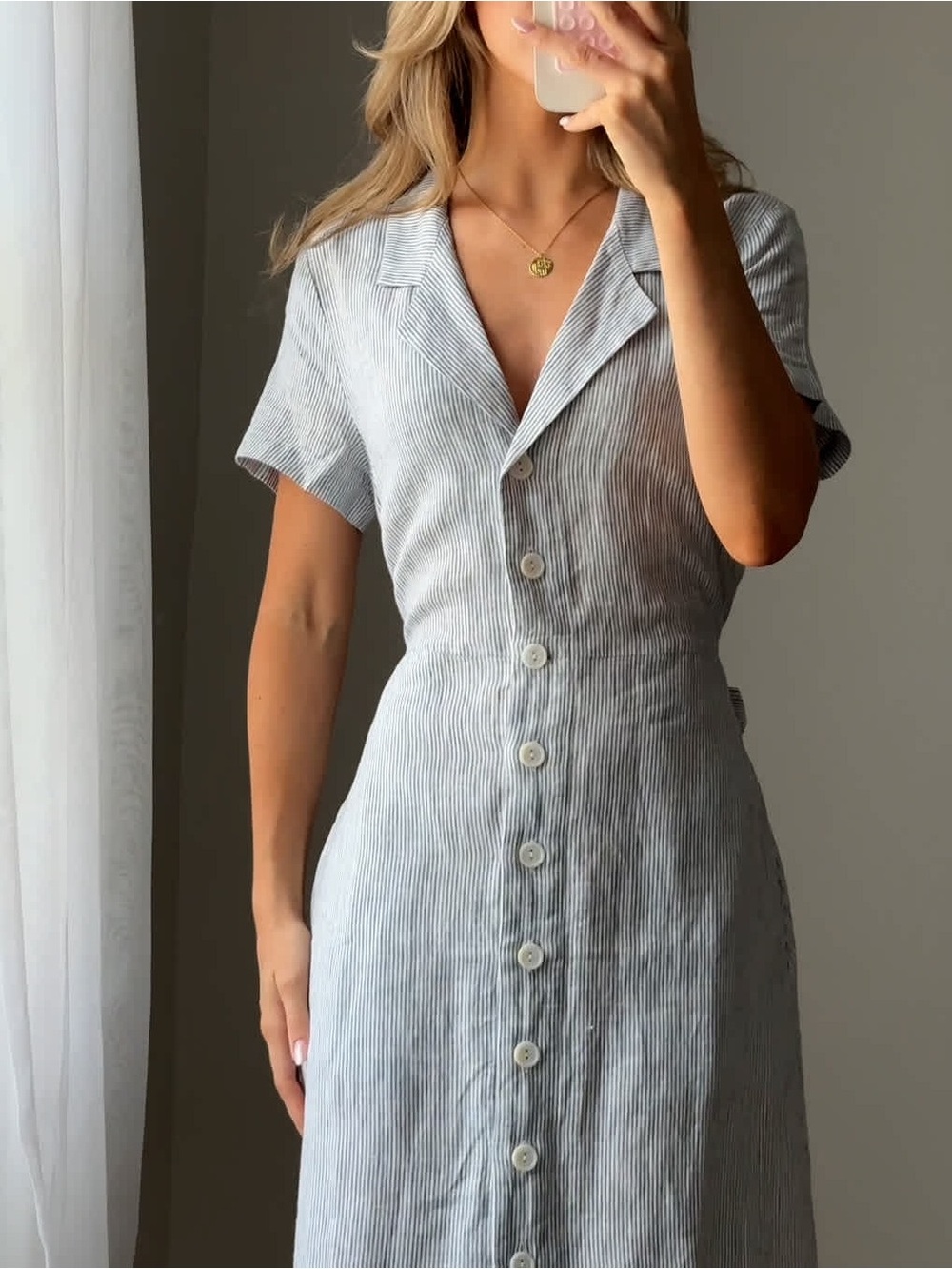 Quince - 100% European Linen Button Front Dress in Blue Pinstripe - Picture 1 of 7